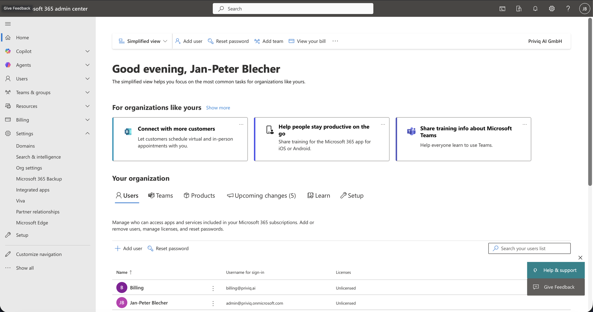 Microsoft 365 Admin Center Home mit Settings-Sidebar