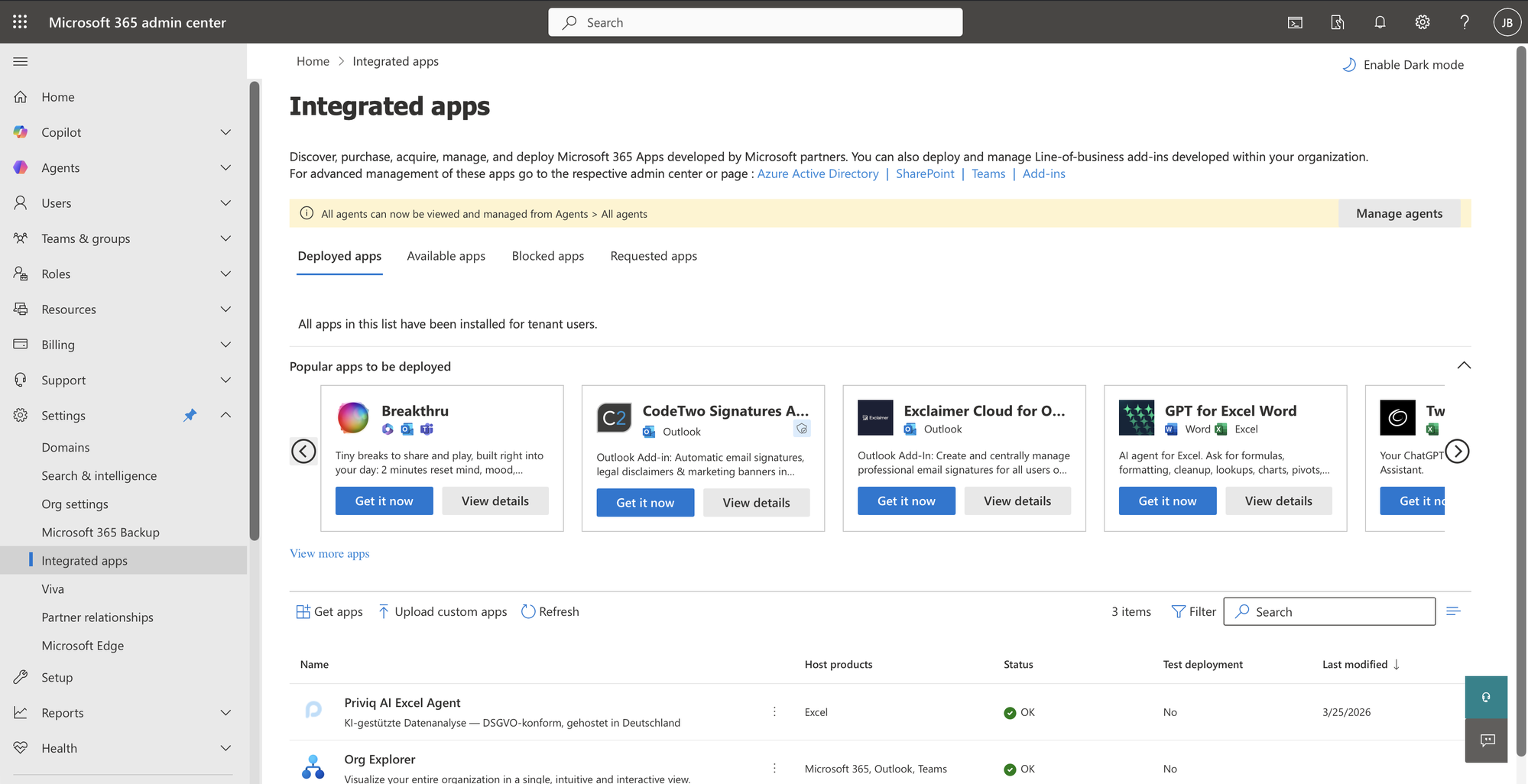 Integrated apps Übersicht mit Upload custom apps Button