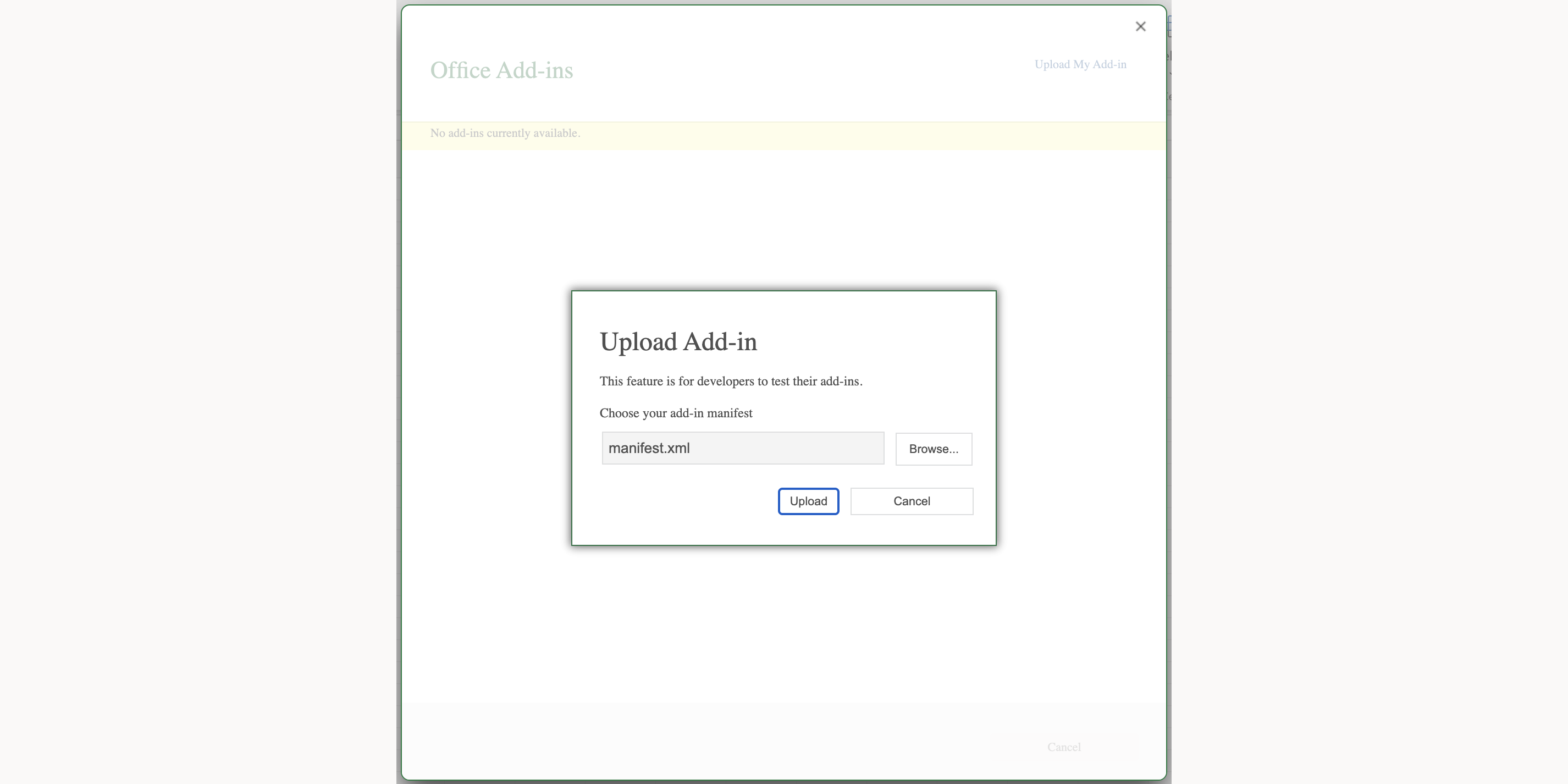 Upload Add-in Dialog mit manifest.xml ausgewählt